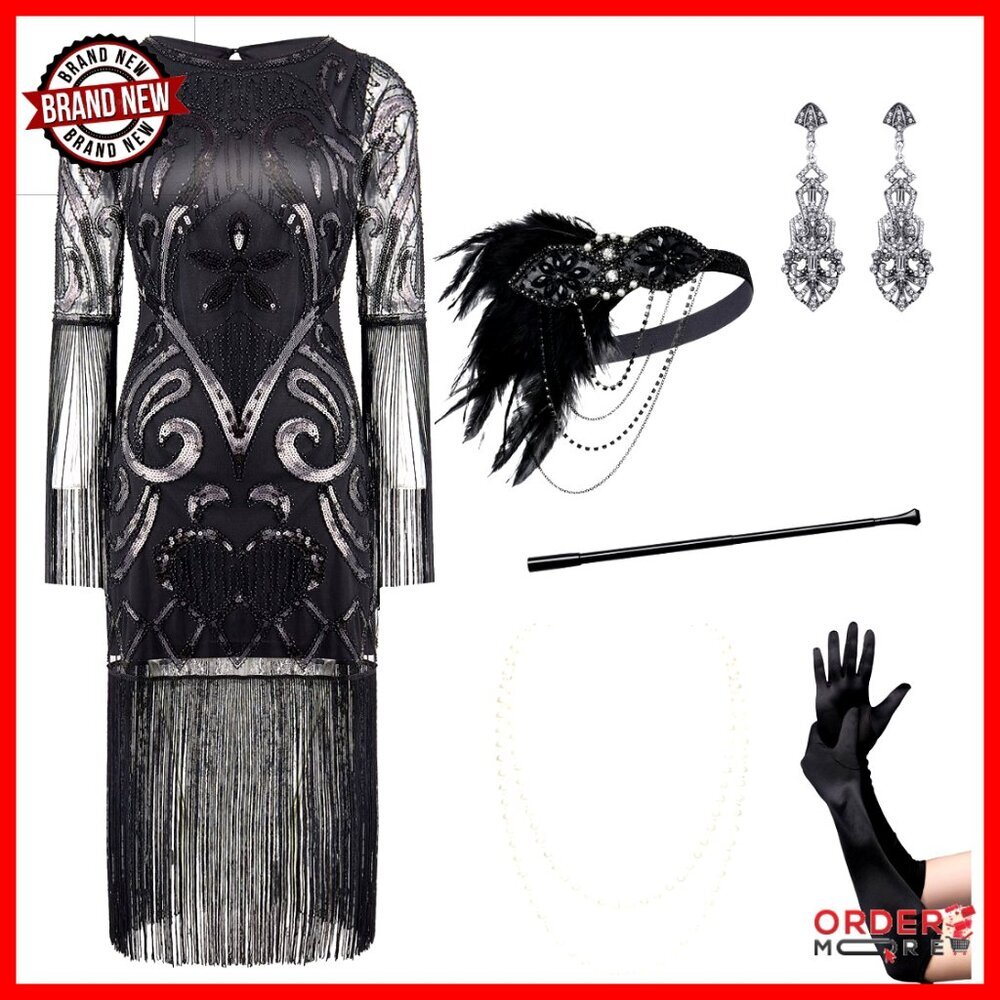 1920s Flapper Dress Long Fringe Sequin Beaded Gatsby Costume Formal Party